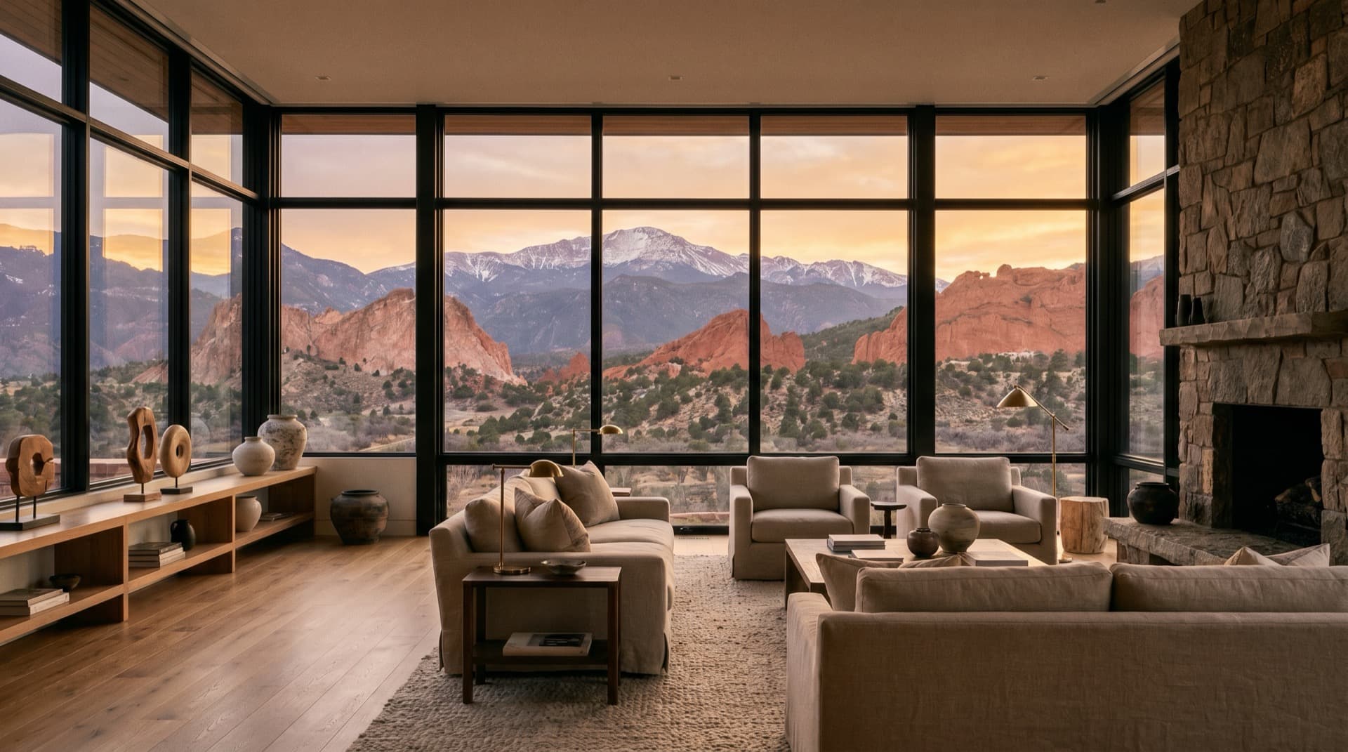A mountain-modern Colorado living room looking out toward Garden of the Gods and Pikes Peak at golden hour